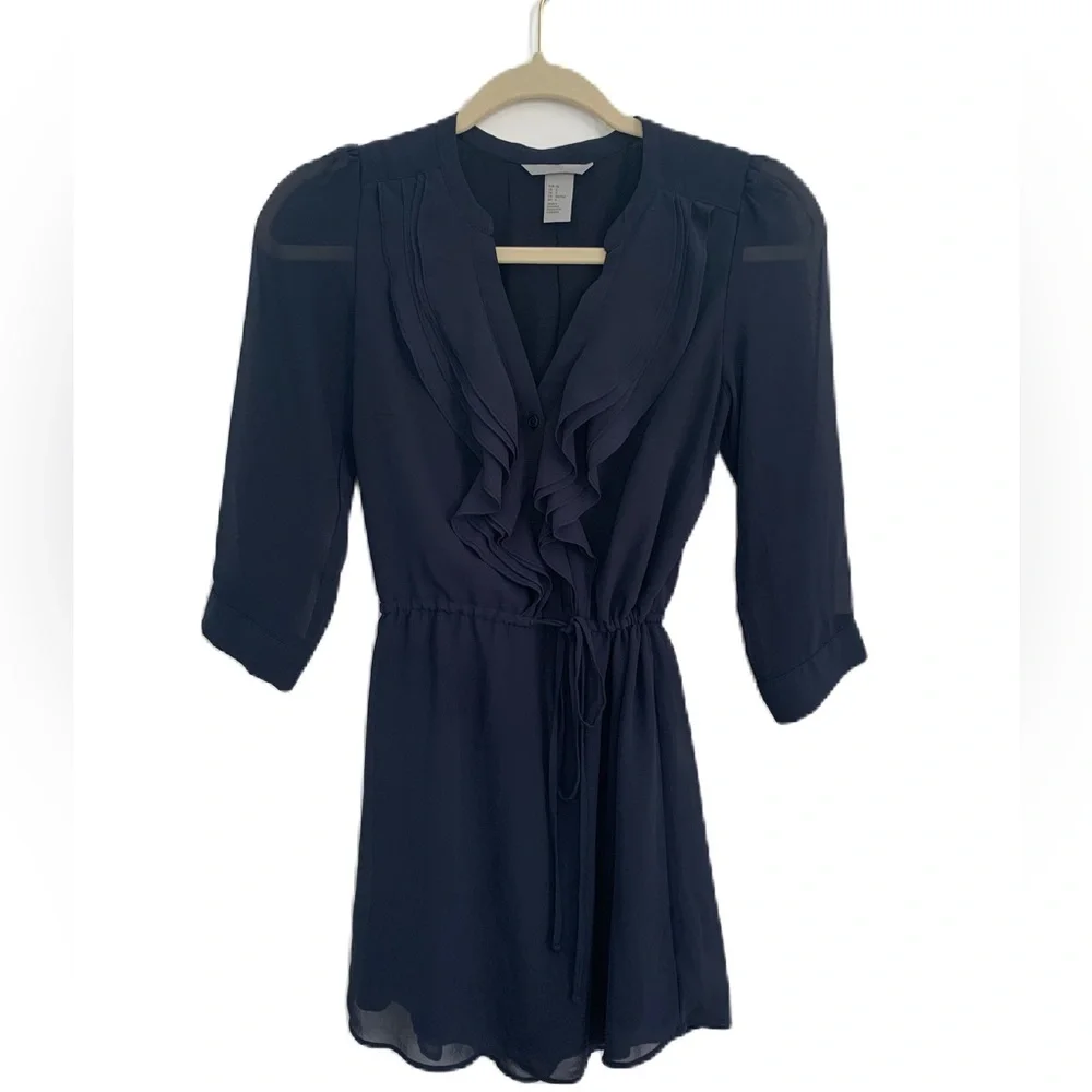 H&M Navy Dress With Sheer Sleeves Size 2